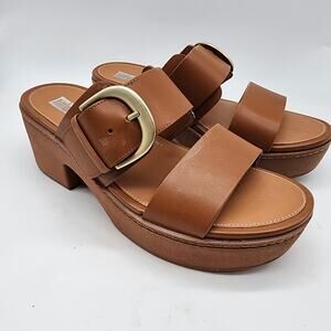 Fitflop Pilar Slide Platform Sandals Size 9 Brown Leather Double Strap Chunky